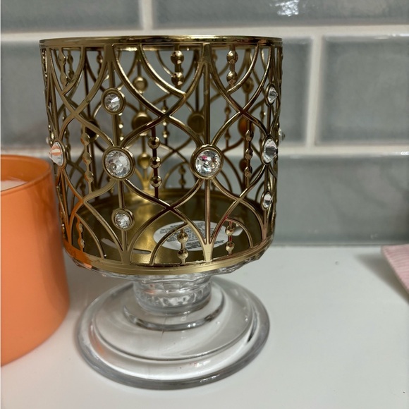 Bath & Body Works Gold Gem Glass Pedestal 3-Wick Candle Holder with new candle - Picture 2 of 8